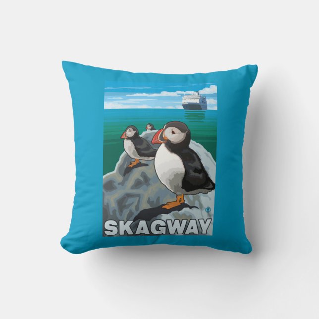Puffins & Cruise Ship - Skagway, Alaska Throw Pillow (Front)