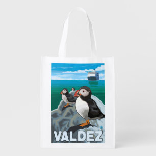 Puffins & Cruise Ship - Valdez, Alaska Grocery Bag