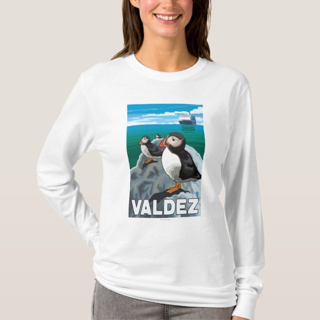 Puffins & Cruise Ship - Valdez, Alaska T-Shirt (Front)