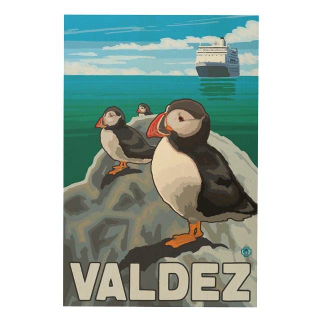 Puffins & Cruise Ship - Valdez, Alaska Wood Wall Decor (Front)