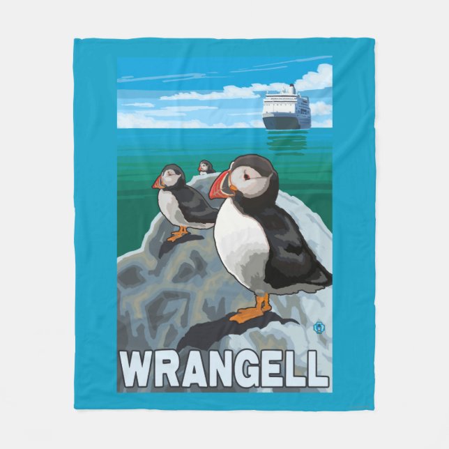 Puffins & Cruise Ship - Wrangell, Alaska Fleece Blanket (Front)