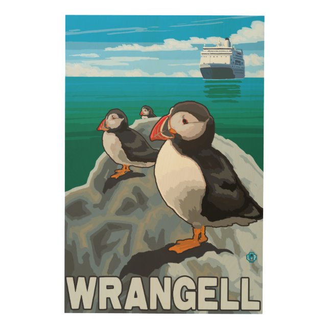 Puffins & Cruise Ship - Wrangell, Alaska Wood Wall Decor (Front)
