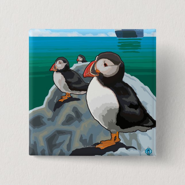 Puffins watching a Cruise Ship Button (Front)