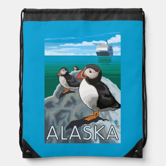 Puffins watching a Cruise Ship Drawstring Bag (Front)