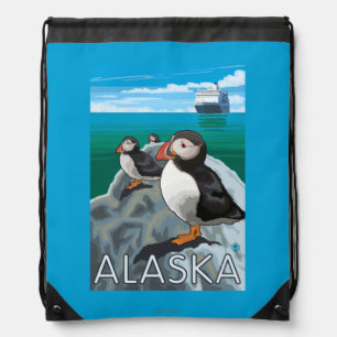 Puffins watching a Cruise Ship Drawstring Bag