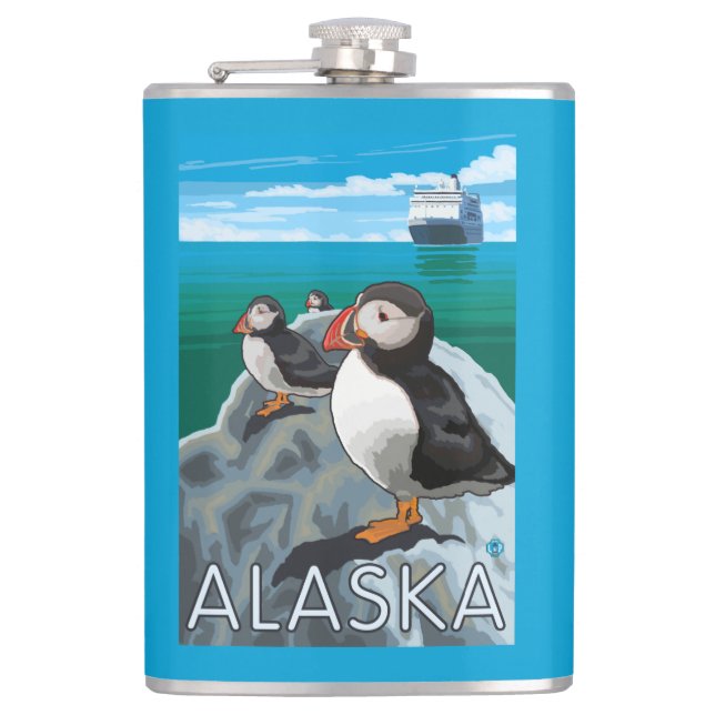 Puffins watching a Cruise Ship Flask (Front)
