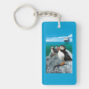 Puffins watching a Cruise Ship Keychain