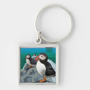Puffins watching a Cruise Ship Keychain
