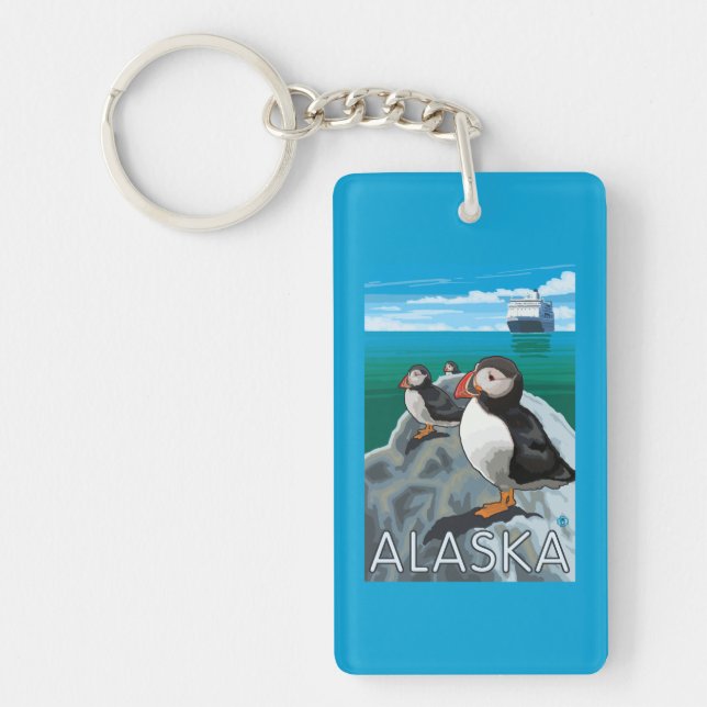 Puffins watching a Cruise Ship Keychain (Front)