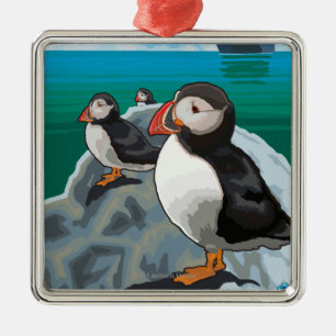 Puffins watching a Cruise Ship Metal Ornament