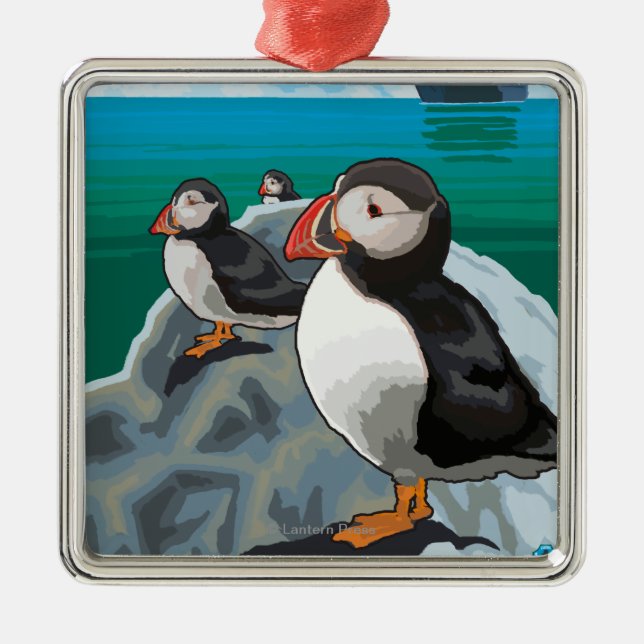 Puffins watching a Cruise Ship Metal Ornament (Front)