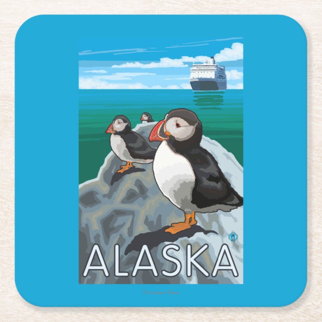 Puffins watching a Cruise Ship Square Paper Coaster (Front)