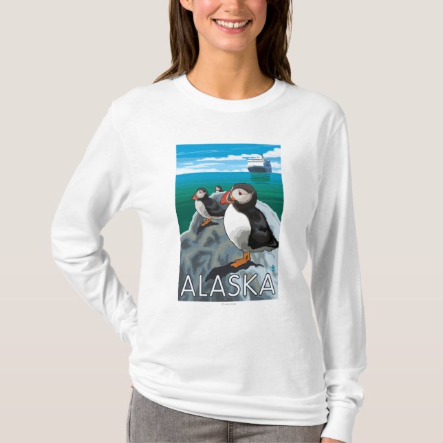 Puffins watching a Cruise Ship T-Shirt (Front)