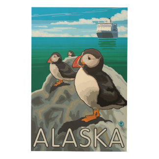Puffins watching a Cruise Ship Wood Wall Art