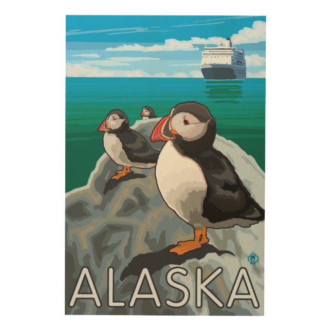 Puffins watching a Cruise Ship Wood Wall Art (Front)