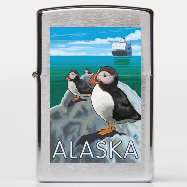 Puffins watching a Cruise Ship Zippo Lighter (Front)