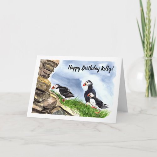 Puffins Watercolor with customizable name Card