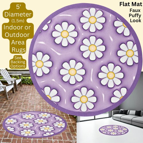 Puffy Look Faux 3D Purple White Daisy Circle Area Rug