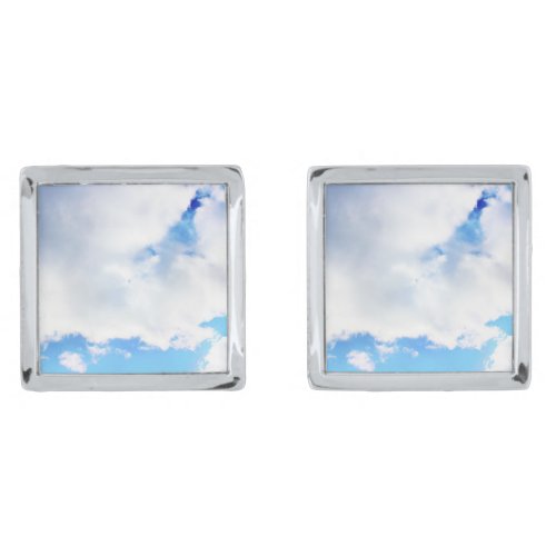 Puffy White Clouds and Blue Sky Silver Cufflinks