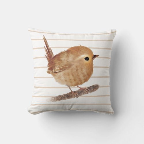 Puffy Wren Bird Throw Pillow