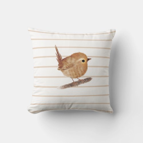 Puffy Wren Bird Throw Pillow