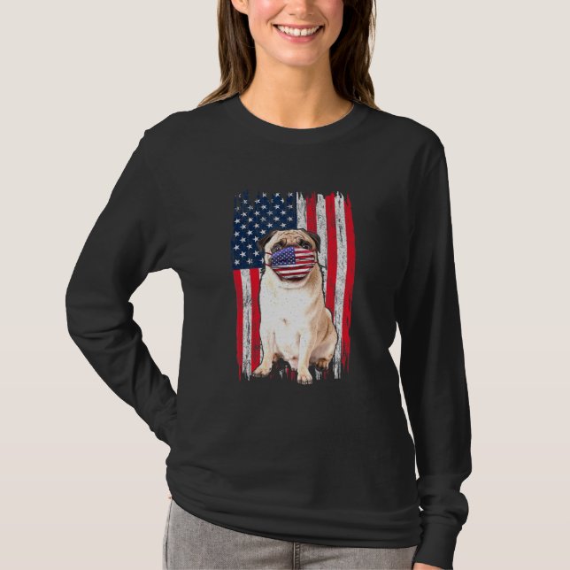 Pug American Flag Dog Wears Face Mask 4th Of July  T-Shirt (Front)