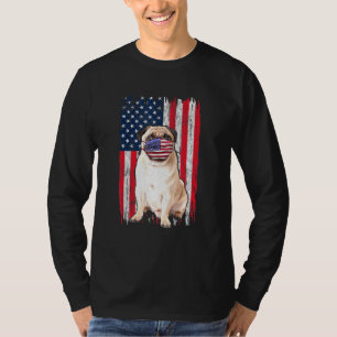 Pug American Flag Dog Wears Face Mask 4th Of July  T-Shirt