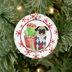 Pug and Cactus Red Snowflake Template Ceramic Ornament