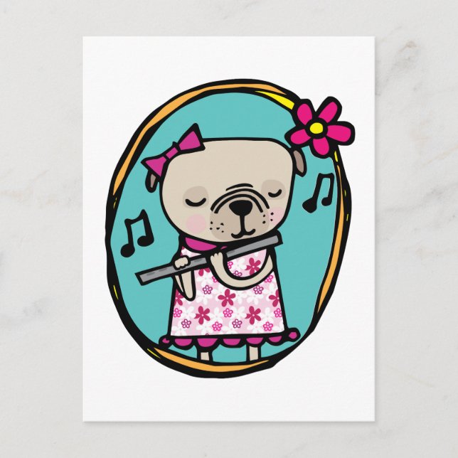 Pug and Flute Postcard (Front)