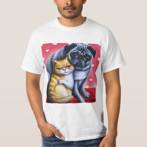 Pug and Orange Fluffy Cat T_Shirt