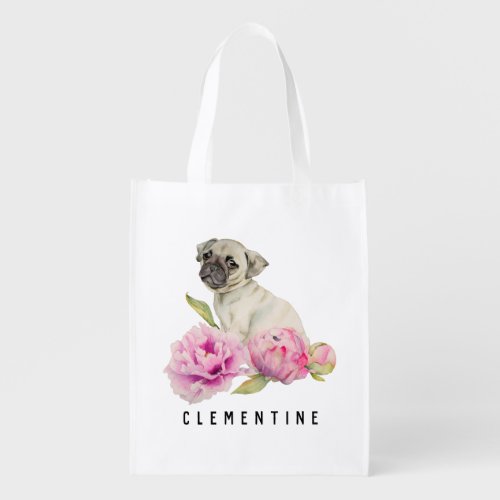 Pug and Peonies  Add Your Name Grocery Bag