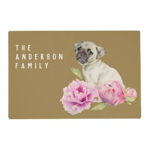 Pug and Peonies   Add Your Name Placemat