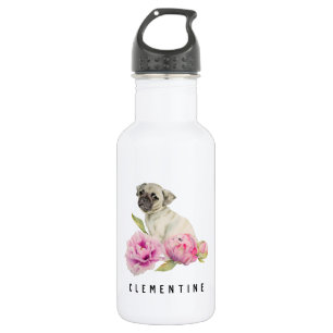 Pug and Peonies   Add Your Name Stainless Steel Water Bottle