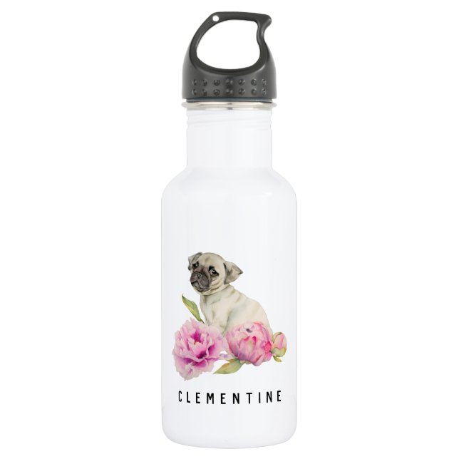 Pug and Peonies | Add Your Name Stainless Steel Water Bottle (Front)