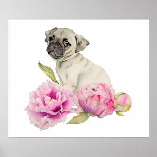 Pug and Peonies  Watercolor Illustration Poster