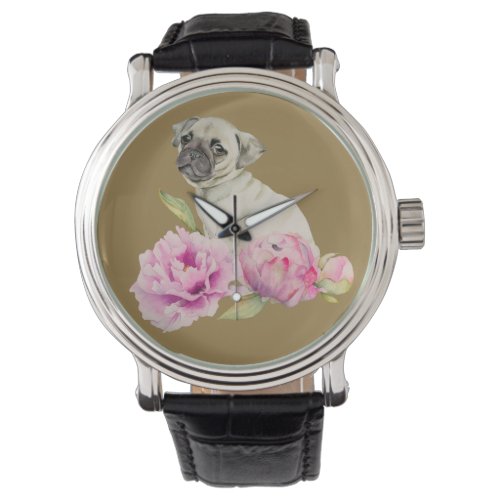 Pug and Peonies  Watercolor Illustration Watch