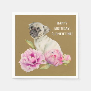 Pug and Peonies Watercolor Painting Birthday Paper Napkins