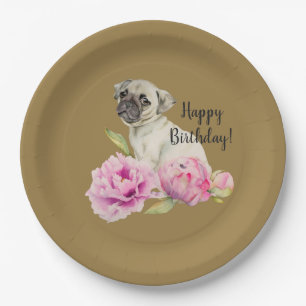 Pug and Peonies   Watercolor Painting   Birthday Paper Plates