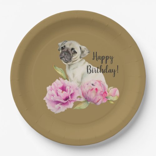 Pug and Peonies  Watercolor Painting  Birthday Paper Plates