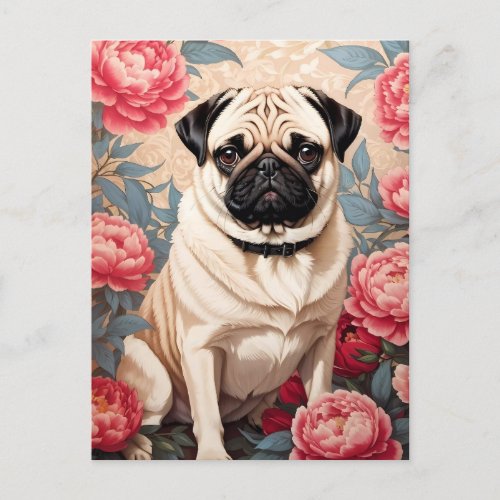 Pug And Peony Flowers William Morris Inspired Postcard