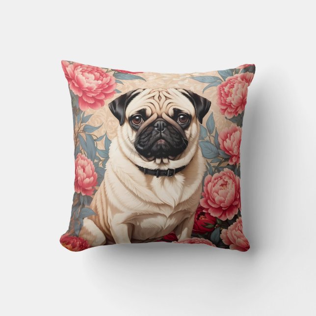 Pug And Peony Flowers William Morris Inspired Throw Pillow (Front)
