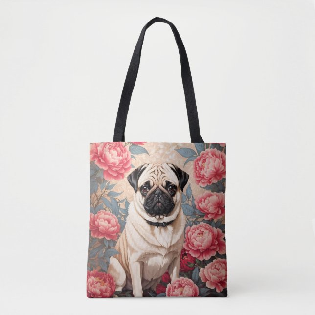 Pug And Peony Flowers William Morris Inspired Tote Bag (Front)
