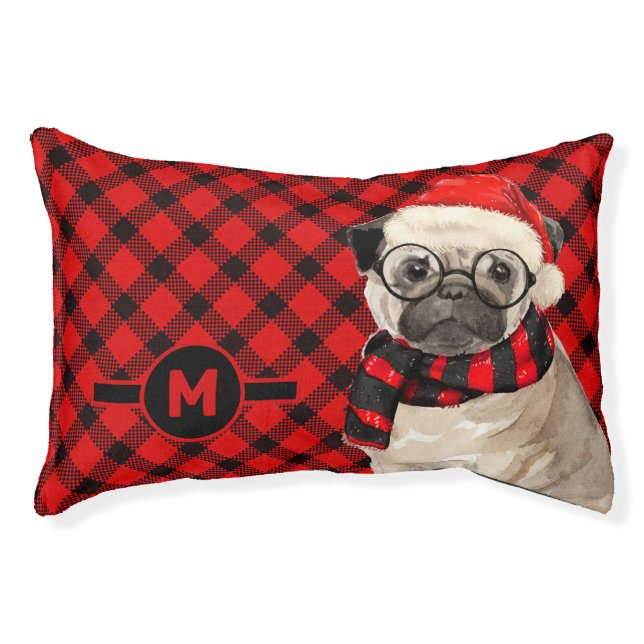 Pug and Red Plaid with Dog's Monogram Pet Bed (Front)