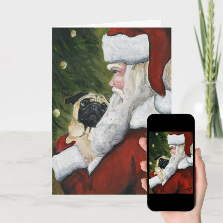 "Pug and Santa" Dog Art Christmas Card Zazzle