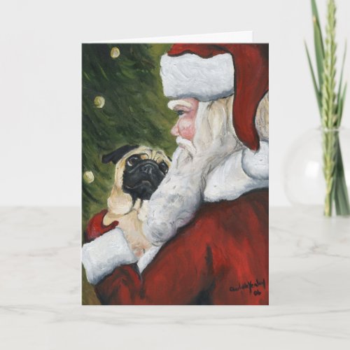 Pug and Santa Dog Art Christmas Card