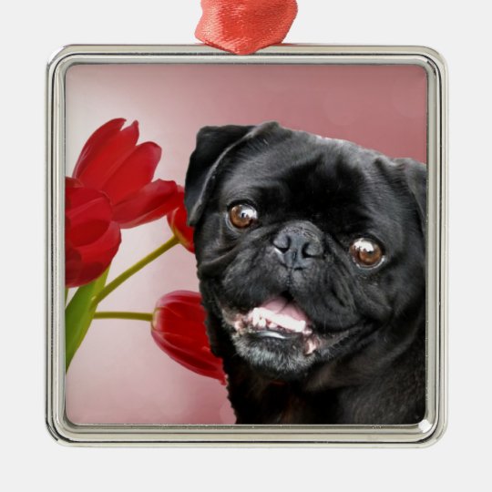 Pug and Tulips Metal Ornament