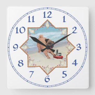 Pug at the Beach Square Wall Clock