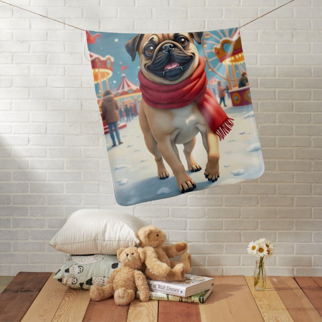 Pug at the Winter Fairgrounds Christmas Painting Baby Blanket (In Situ)
