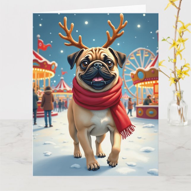 Pug at the Winter Fairgrounds Christmas Painting Card (Yellow Flower)