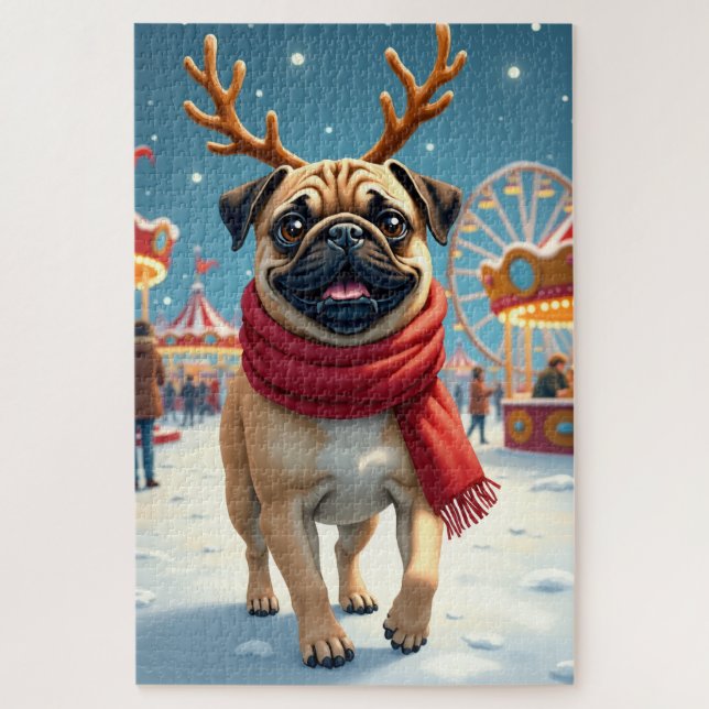 Pug at the Winter Fairgrounds Christmas Painting Jigsaw Puzzle (Vertical)